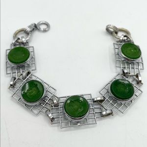 Antique Vintage Estate Green Intaglio Glass Silver Bracelet